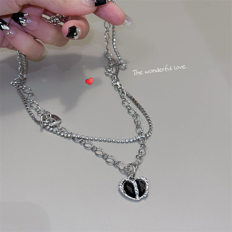 Niche Full Diamond Black Heart Pendant Necklace Jewelry For Women