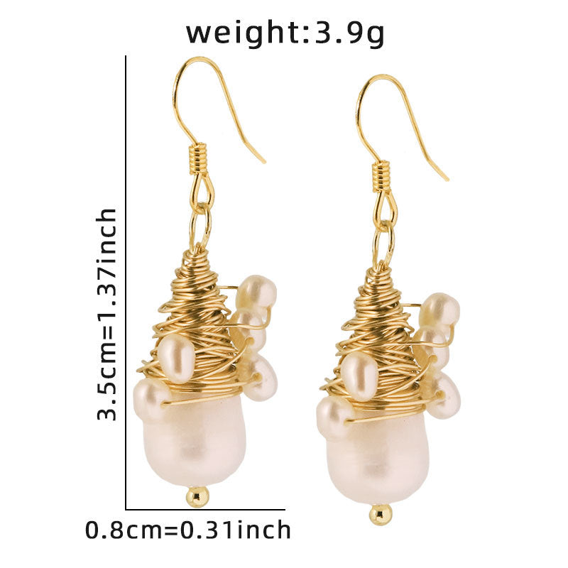Natural Pearl Embellished Wire-wrapped Earrings Fresh And Sweet