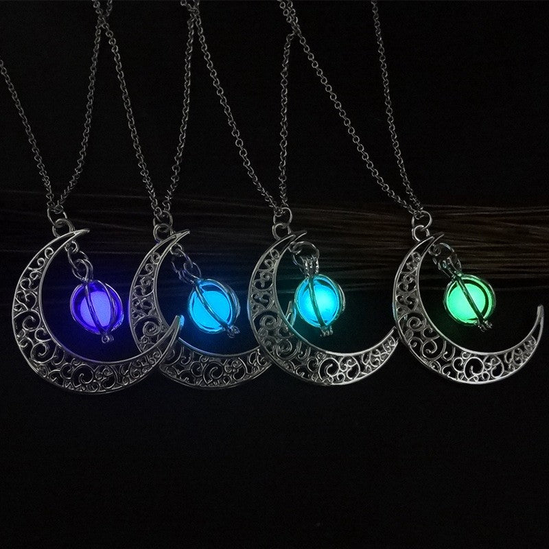 Fashion Moon Natural Glowing Stone Healing Necklace Luminous Pendant Necklace Jewelry