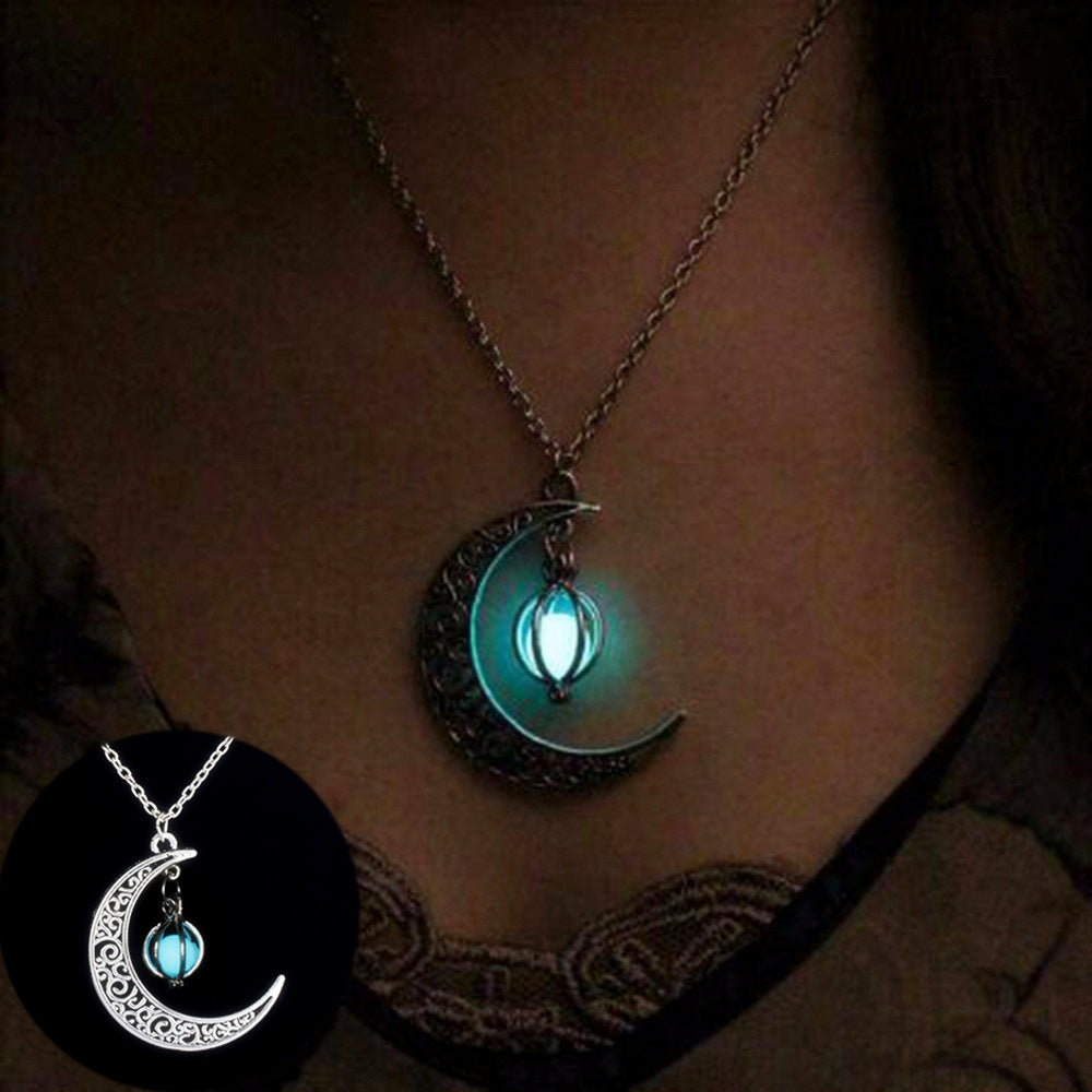 Fashion Moon Natural Glowing Stone Healing Necklace Luminous Pendant Necklace Jewelry