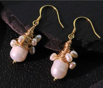 Natural Pearl Embellished Wire-wrapped Earrings Fresh And Sweet