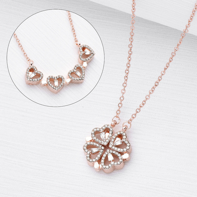 Radiant Heart Shaped Four Leaf Clover Pendant Necklace