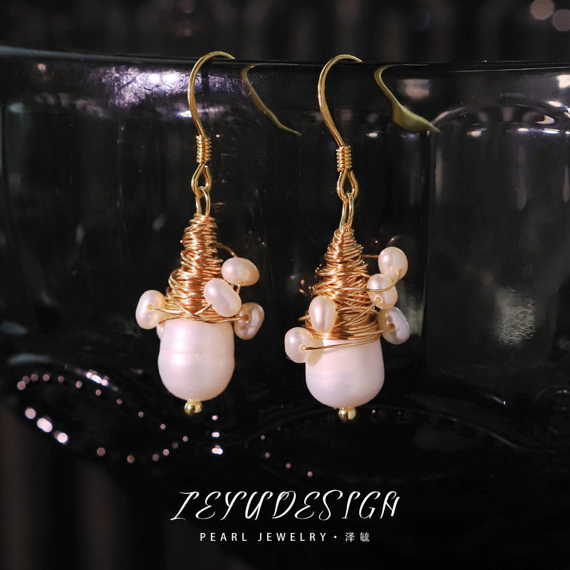 Natural Pearl Embellished Wire-wrapped Earrings Fresh And Sweet